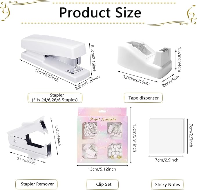 Office Supplies Set,Desk Accessories,Stapler and Tape Dispenser Set,1000 Staples,Staple Remover,Hinder Clips,Ruler,Scissor,Clear Tape,Ballpoint Pen,Sticky Notes,Gifts for Colleagues(White)