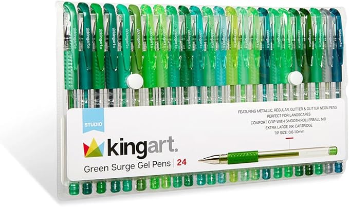 KINGART 400-24G Green Tones Rollerball Gel Pens, Set of 24 Colors, XL Ink Cartridge - More Ink, All Ages, Writing, Coloring, Doodling, Scrapbooking, Journaling & More