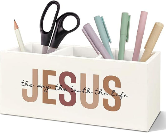 SNNDER Retro Christian Pen Holder for Desk, Christian Jesus Gifts for Women Men, Jesus the Way the Truth the Life Wooden Pen Pencil Holder Organizer for Home Office Desk Accessories