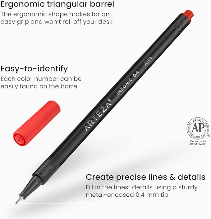 ARTEZA Inkonic Fineliners Pens, Set of 24, 0.4 mm Fine Tip Markers, Water-Based Art Pens for Drawing, Sketching, Journaling, Calligraphy