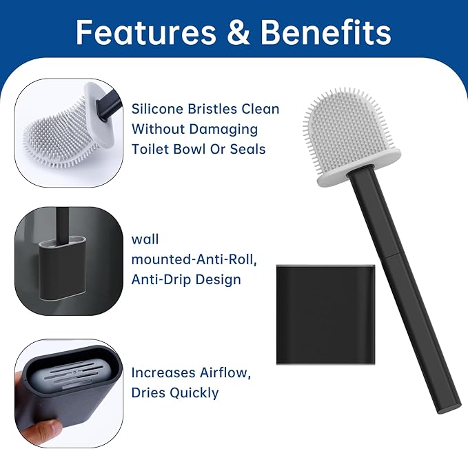 TEITEAI RV Toilet Bowl Brush - Silicone Bristles, Gentle on Toilets | Wall-Mounted for RVs, Trailers, Campers | Anti-Roll, Anti-Drip Design for Travel-Friendly Convenience