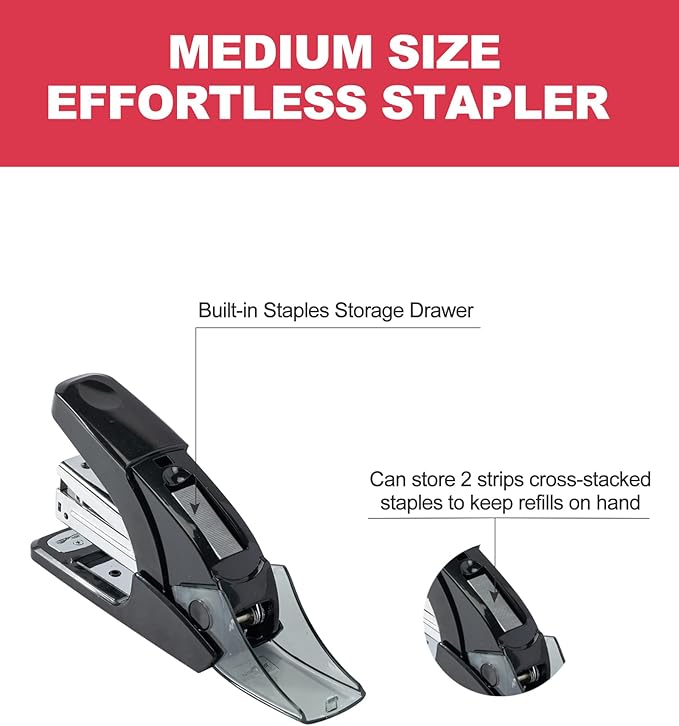 PAPERPAL Effortless Standard Stapler Set, 20 Sheet Capacity, Half Strip with Built-in Staples Storage, Includes 1000 pcs 1/4“ Staples & A Staple Remover, for Office, School & Personal Use, Black