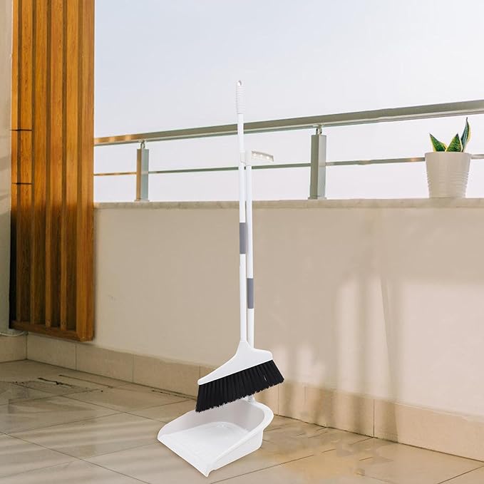 ULTECHNOVO Broom and Dustpan Set for Home - 35" Long Handle Broom with Upright Standing Dust Pan Combo - Angled Soft Bristle Sweeper for Indoor Kitchen Office Floor Cleaning, Grey