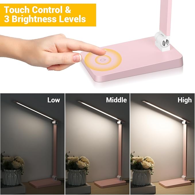 LED Desk Lamp for Home Office, 3 Levels Dimmable Reading Desk Light with USB Charging Port, Desk Accessories Touch Control Table Lamp, Eye-Caring Small Study Lamp for College Dorm Room, Pink, 5000K