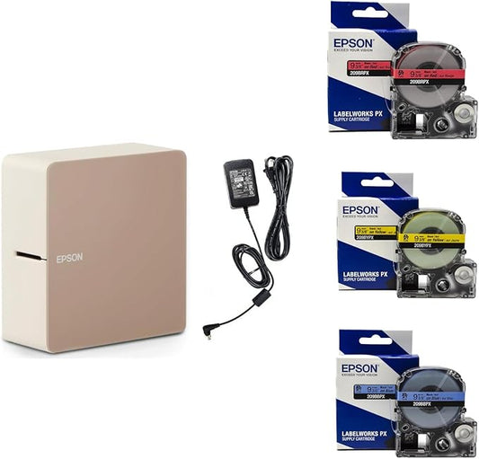 LABELWORKS Epson LW-C610PXADPT Color Starter Bundle - Label Maker, Adapter & Black on Blue/Red/Yellow Tape