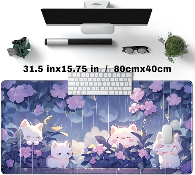 Kawaii Cat Desk Mat XXL Extended Purple Gaming Mouse Pad Large Mousepad, Cute Desk Mat Keyboard and Mouse with Stitched Edges Desk Pad for Game Office Home Desk Purple Decor 31.5x15.7 in