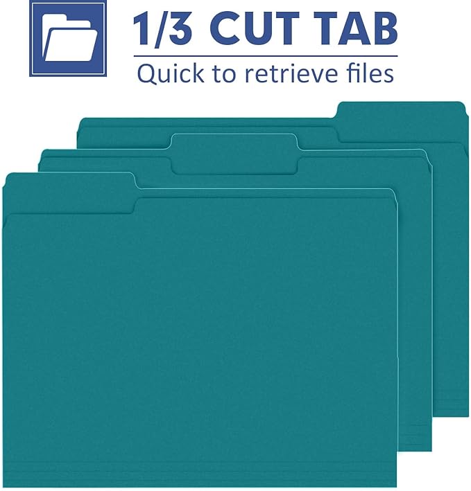 File Folder, PANDRI 120 Pack File Folder, 1/3 Cut Tab, Letter Size, Filing Folder for Office School Business, Turquoise