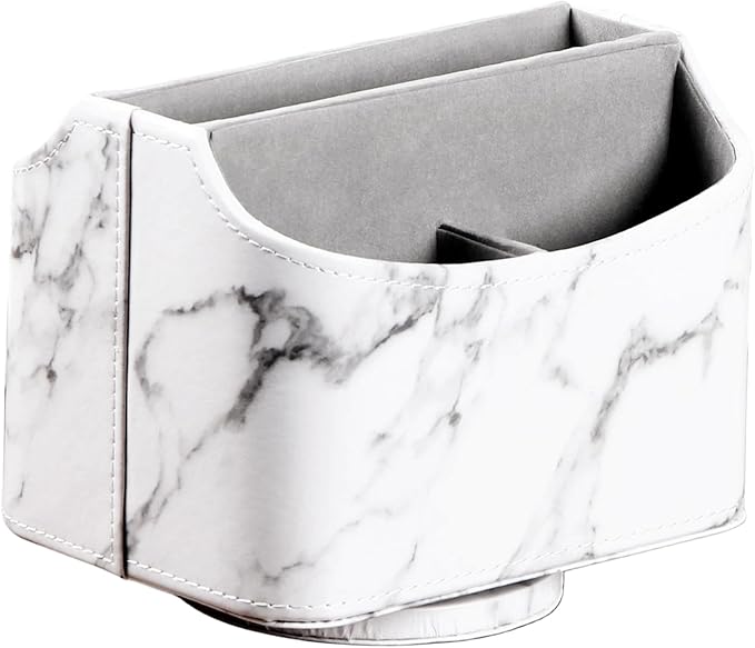 PU Leather Remote Control Holder,360 Degree Spinning Desk TV Remote Caddy,Desk Organizers and Accessories,for Controller,Media,Mail,Calculator,Mobile Phone,Pen Storage Holder(White Marble)
