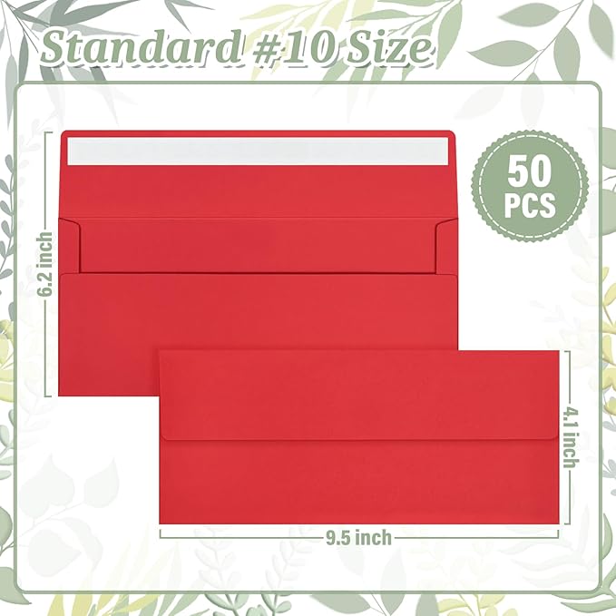 50 Pcs Red #10 Business Envelopes, Self Seal Standard Envelopes, Windowless Business Mailing Envelopes for Office, Checks, Letters, Invoices, Statements, Wedding, 4-1/8 x 9-1/2 inch