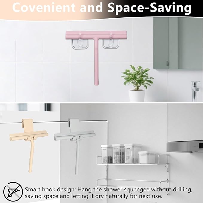 DEOFUXT Shower Squeegee for Glass Doors, Full Silicone Jacketed Squeegee with Ergonomic Handle & No-Drill Hook, Cleaning Tool for Windows, Mirrors, Tiles, Bathroom & Car - Beige