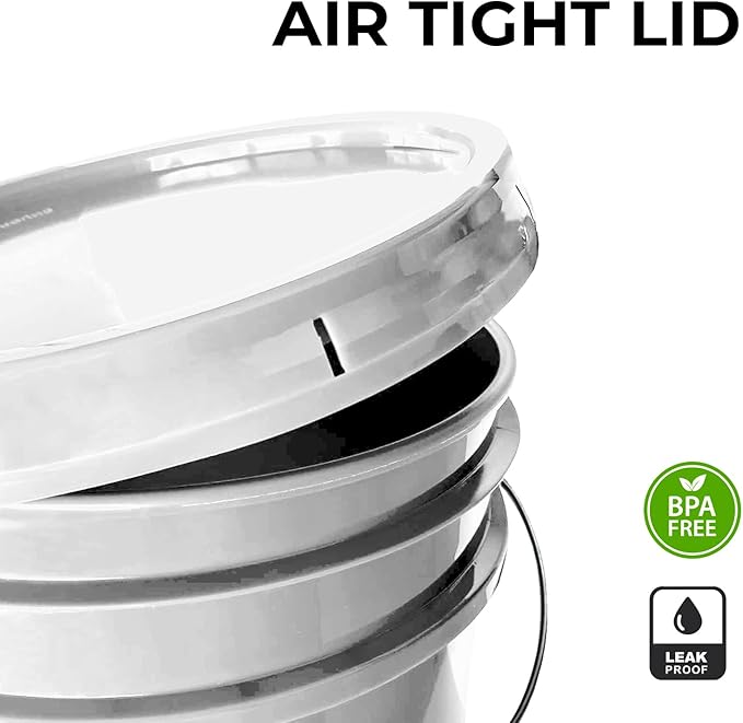 6.5-Gallon White Bucket Pail Container with Lid | Food Grade | Heavy-Duty 90MIL Extra Durable | Metal Handles with Plastic Grip for Easy Carrying | Multi-Use | Easy Stack and Store | BPA Free - 2 Pack