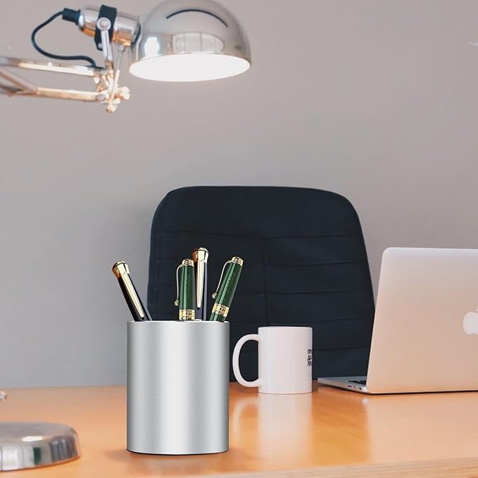 Pen holder, aluminum alloy waterproof pen holder, desktop simple and modern minimalist, multifunctional office supplies for families, kids and schools silver