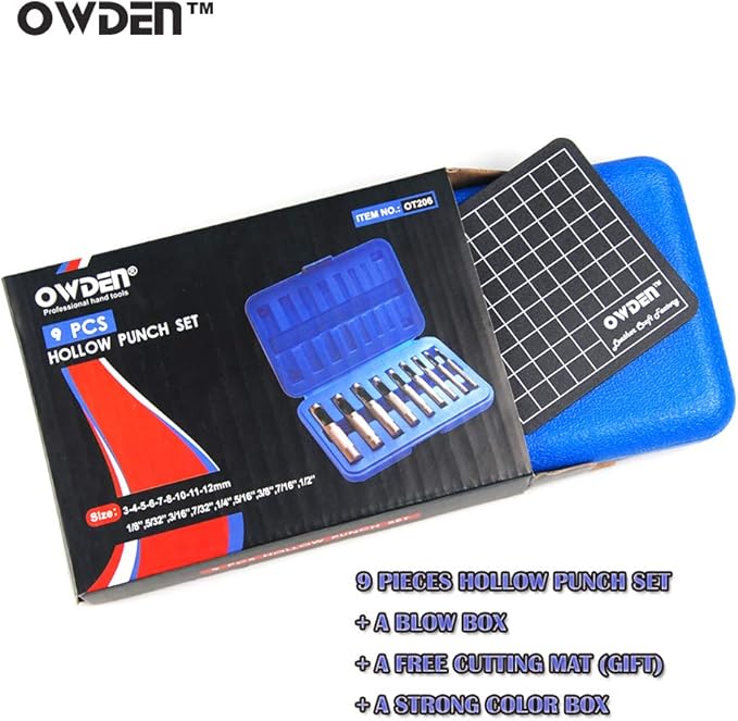 OWDEN 9 Pieces Hollow Punch Set (1/8"-1/2") with A Free Cutting MAT, Leather Hole Punch Set