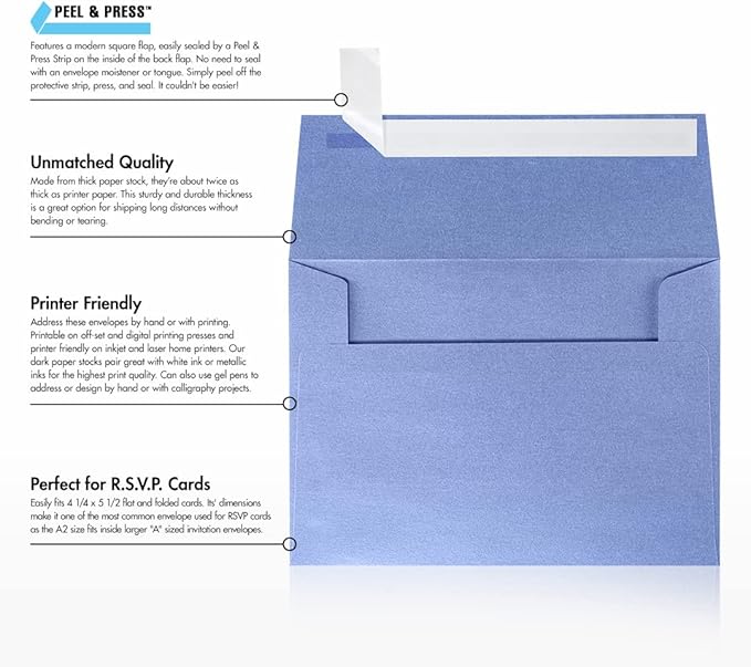 LUXPaper A2 Invitation Envelopes | Peel & Press | 4 3/8" x 5 3/4" | Vista Blue Metallic | 80lb. Text | 50 Qty