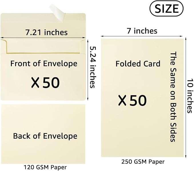 Wishop 50 Pack Self-Adhesive Envelopes with Fold Cards for Wedding Invitations, Greeting Cards, Baby Shower, Letter Mailing (Cream Color, 5x7)