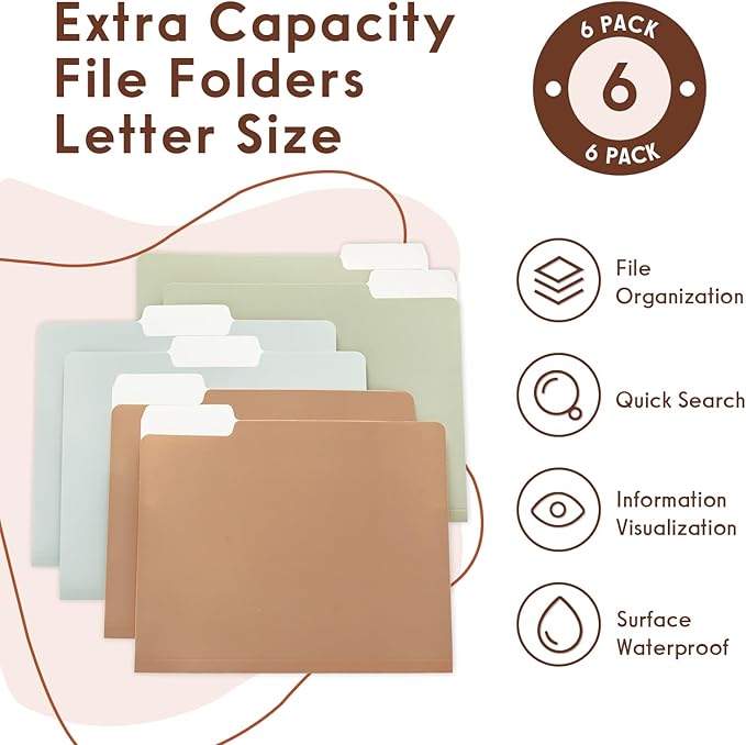 Y YOMA 6 Pack Extra Capacity File Folders Letter Size Accordion Decorative File Folder Cute Pretty Colored Filing Folder File Organizers for Office School Home Desktop with 1/3-Cut Tab, Natural Color