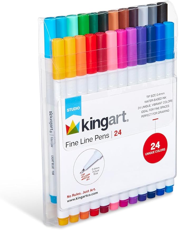 KINGART Studio Fine Line Pens, 24 Colors Set, 0.4mm Ultra Fine Tip for Drawing, Sketching, Journaling, Adult Coloring, & Art Projects, Water-Based Ink, Non-Bleeding.
