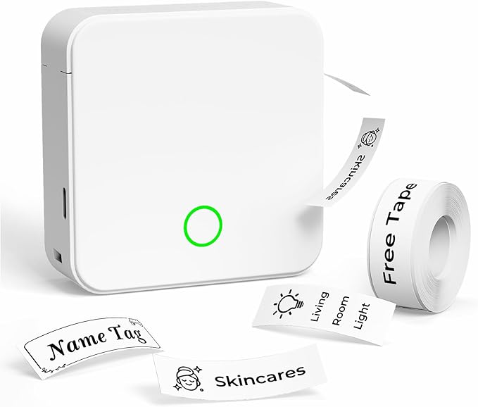 Label Maker Machine with Tape P0 Rechargeable Bluetooth Mini Label Printer Portable Small Thermal Labeling Machine Easy to Use for Home Office School Organization Battery Included White