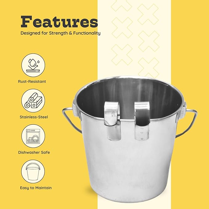 9 Quart Stainless Steel Flat Sided Bucket with Dual Hooks | Food & Water Bowl for XL Dog Goat Sheep Cattle Horse & Livestock | Fits kennel Crate Cages Farm Hanging Pet Pail | Multipurpose