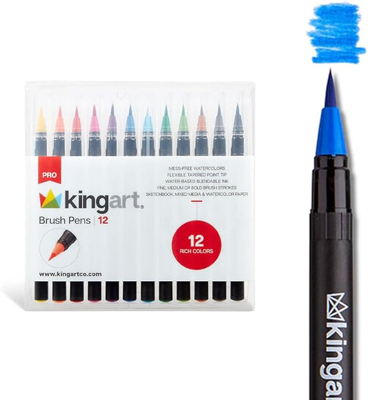 KINGART Pro Brush Pens, 12 Colors for Real Watercolor Painting with Flexible Nylon Brush Tips, Paint Markers for Coloring, Calligraphy and Drawing for Artists and Beginner Painters