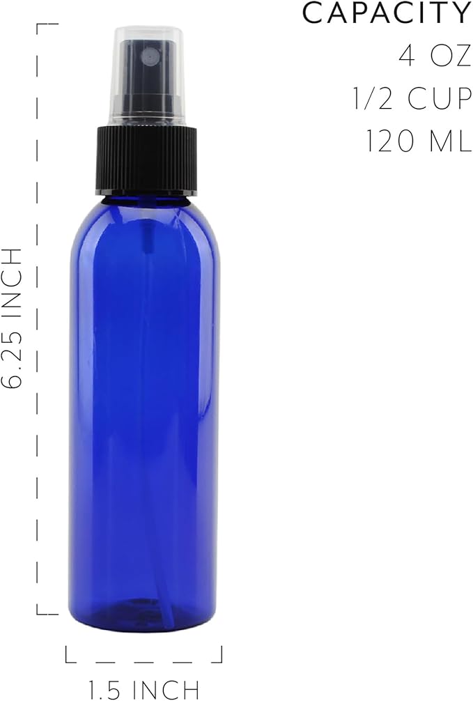 Cornucopia 4oz Blue Empty Plastic Refillable PET Spray Bottles w/Fine Mist Atomizer Caps (6-Pack); Sprayers for DIY Home Cleaning, Aromatherapy, Travel, & Beauty Care (4 Ounce, Cobalt Blue, 6)