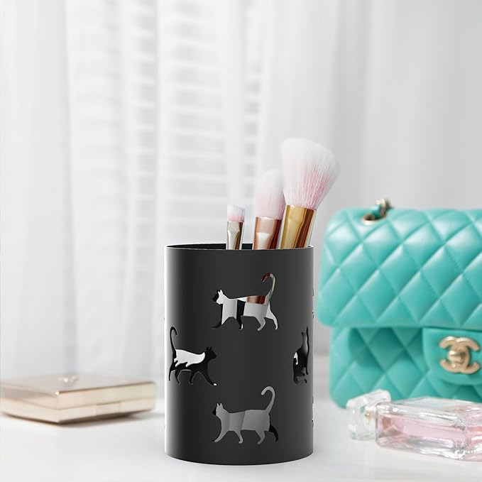 Mango Steam Metal Pen Holder, Makeup Brush Cup Organizer for Office, Bathroom, Vanity (Black, Cat)
