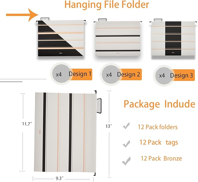 12 Pack Hanging File Folders Filing Cabinet Organizer Letter Size 1/5 Cut Adjustable Tabs Decorative for Home Office School Classroom