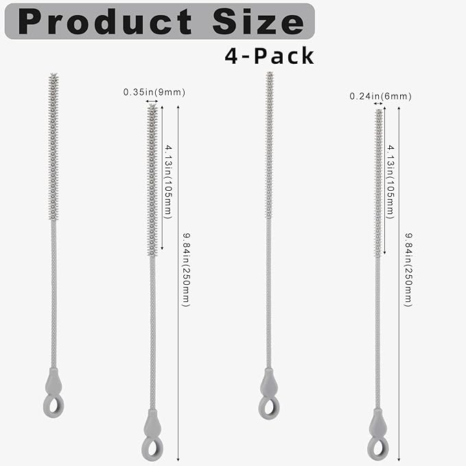 TenderBloom Silicone Straw Cleaner Brush, 4-Piece Reusable Straw Brush Set with Extra-Long Design for Cleaning Thin Metal Straws and Wider Milkshake Straws （6mm+9mm Gray)