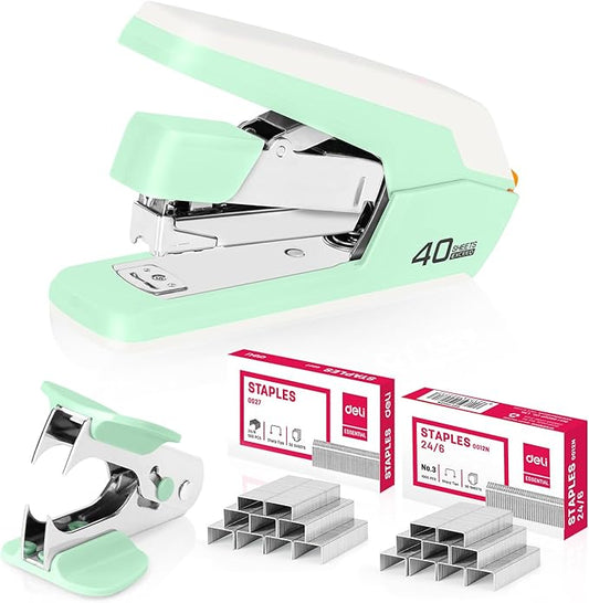 Deli Effortless Desktop Stapler, Heavy Duty Stapler, 40-50 Sheet Capacity, One Finger, No Effort, Includes 1500 Staples & Staple Remover, Green