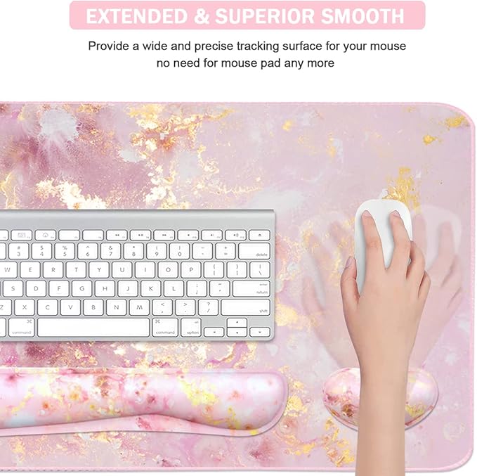 Keyboard Mouse Pad Set, Extended Mouse Pad+Keyboard Wrist Rest Support, Memory Foam Ergonomic Easy Typing, 3Pcs (35.4×15.7 in) Desk Pad Set for Home Office Study Game- Pink Gold Marble