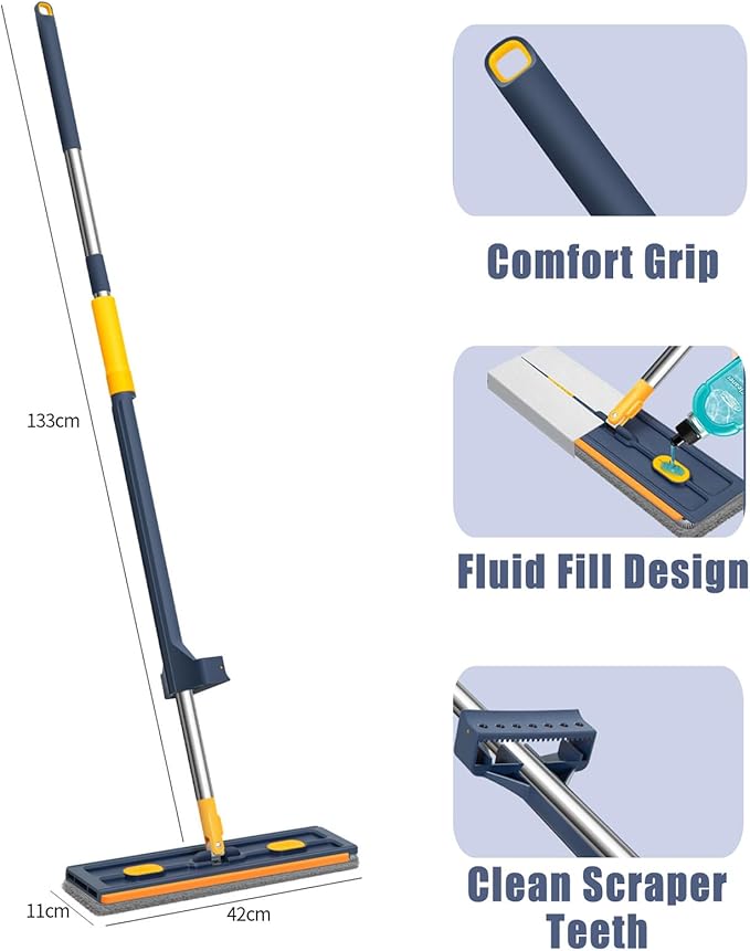 Large Flat Mop with Folding Bucket – Self-Wringing Floor Mop Set with 54" Stainless Steel Handle, 6 Reusable Microfiber Pads, 360° Swivel Head for Home Cleaning on Tile, Wood, Laminate (A-Blue)