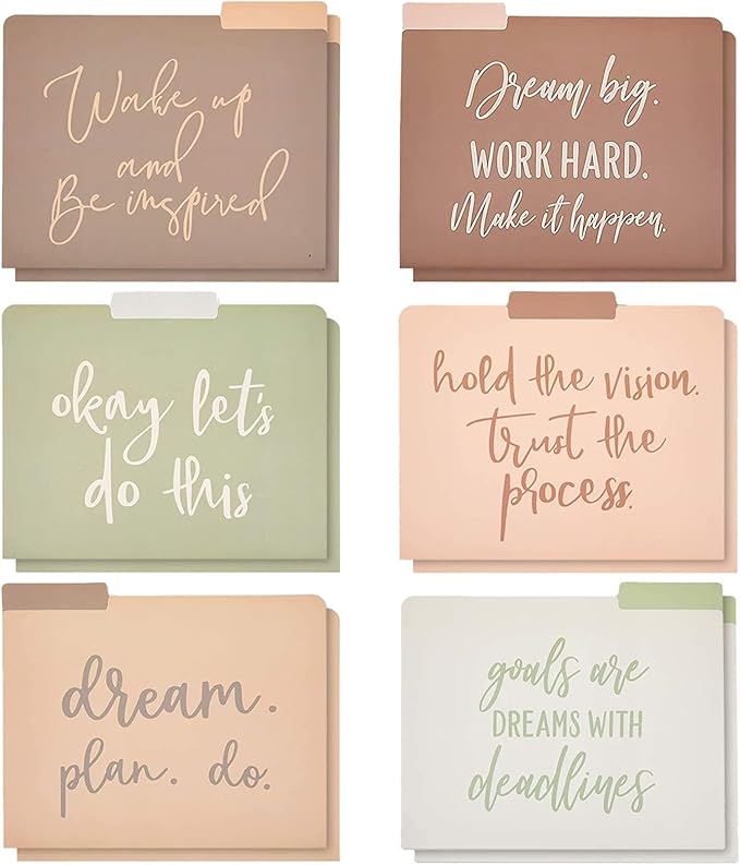 Paper Junkie Decorative File Folders, Letter Size for Women, Cute Earth Tone Aesthetic Office Supplies with Inspirational Sayings, 1/3 Cut Tabs (11.5 x 9.5 Inches) - Pack of 12 - Cute File Folders