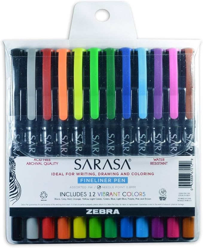 Zebra Pen Sarasa Fineliner Marker Pen, Needle Point, 0.8mm, Assorted Ink Colors, 12-Pack