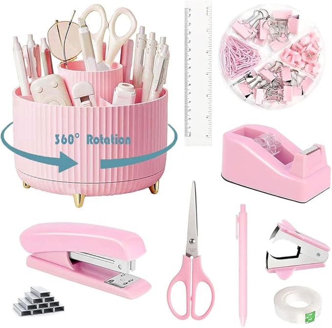 Pink Desk Organizers and Accessories 10Pcs Set with 360-Degree Rotating Pen Holder, Tape Dispenser, Stapler, Staple Remover, 1000 Staples, Tape, Clips Set, Ruler, Scissor, Pen (Pink)