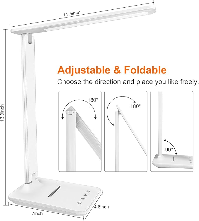 karidi LED Desk Lamp Dimmable Table Lamp with USB Charging Port, 5 Lighting Modes, Sensitive Control, Foldable Portable Desk Light for Home Office Bedroom Reading (White, Standard Size - 13.3 inch)