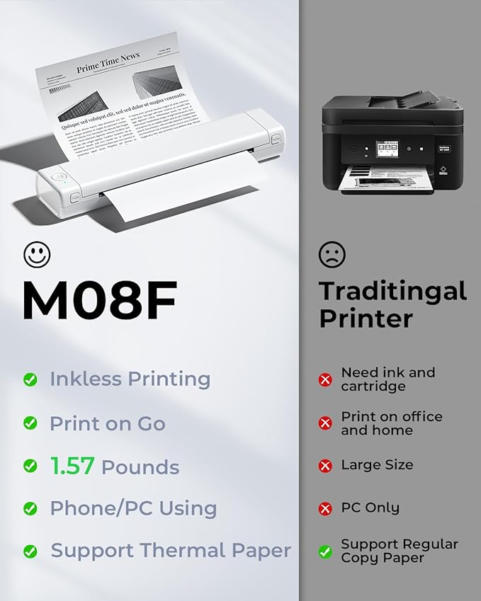 Phomemo M08F Portable Printers Wireless for Travel, Thermal Printer Support 8.5" X 11" US Letter Thermal Paper, Bluetooth Inkless Printer Compatible with iOS, Android, Laptop for Travel, Office, Home