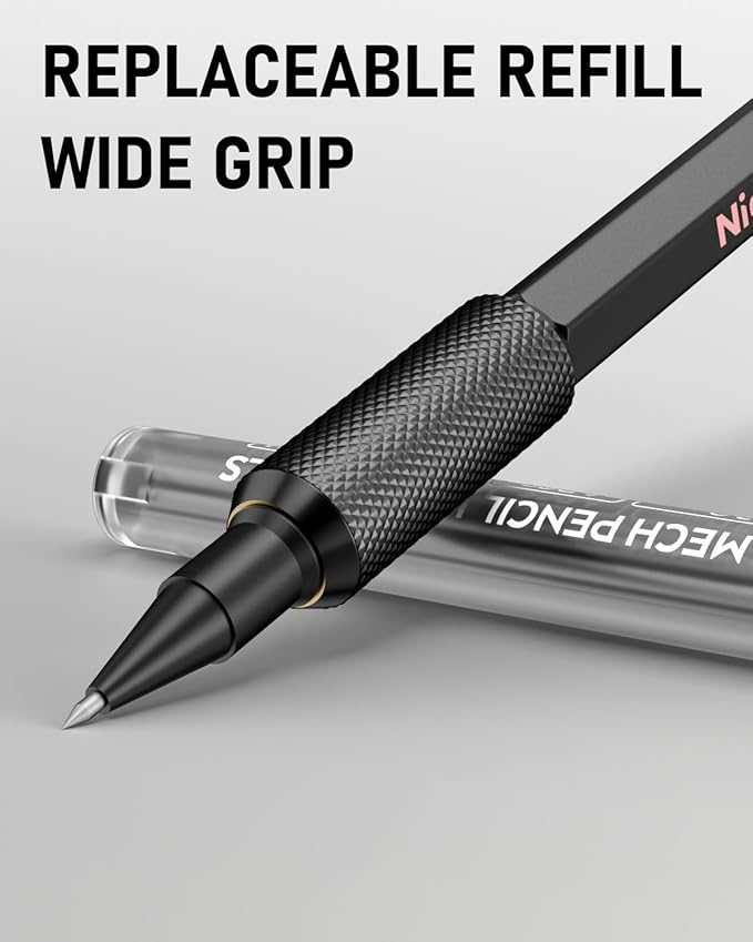 Nicpro 2mm Mechanical Pencils Set with Case, 12 Black & Colored Lead Refills, Erasers - MP2000 Weatherproof Metal Lead Holder, Heavy Duty Carpenter Pencil For Writing, Drawing, Woodworking