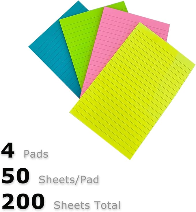 4 Pads Lined Sticky Notes 5 x 8 in, Bright Colors, Colorful Large Sticky Notes with Lines Self-Stick Note Pads for Home Office School Supplies, 50 Sheets/Pad, 200 Sheets Total, 4A 5084-N-L