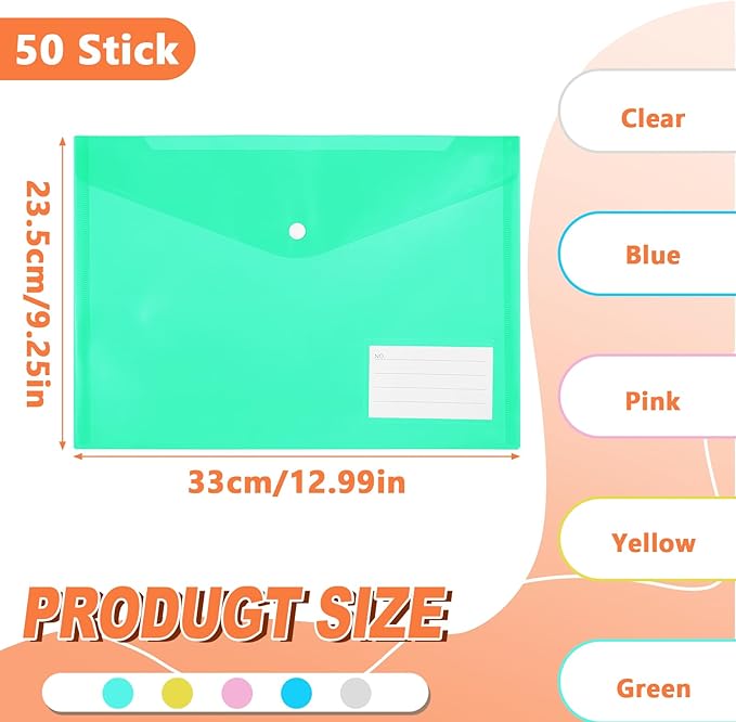 A4 Plastic Folders - Clear Envelopes with Snap Closure - Set of 50, Reusable Document Pouches