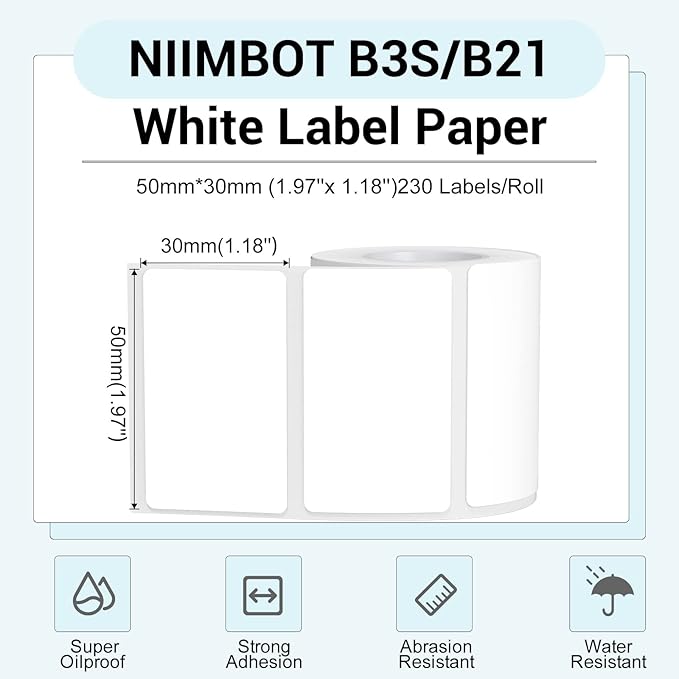 NIIMBOT Thermal Label Maker Paper 50×30 mm 230 Labels/Roll White 3Packs, for B1 B21 B31 B3S K3 Label Maker