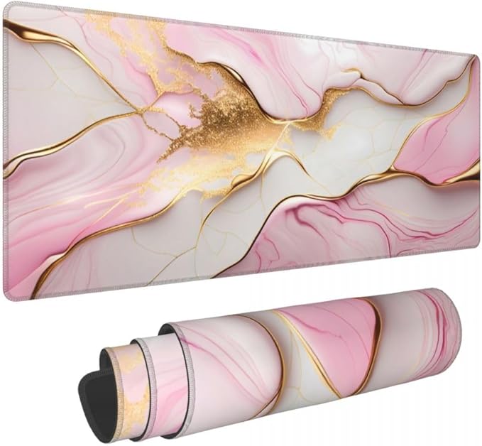 Desk Pad,Office Desk Mat 31.5"×11.8" Large Gaming Mouse Pad,Durable Extended Computer Mouse Pad,Waterproof Thick Big Mouse Pads with Non-Slip Rubber Base Office Home Pink Gold Marble