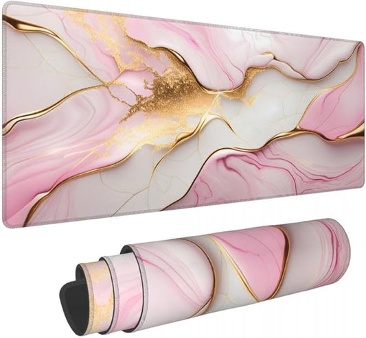 Desk Pad,Office Desk Mat 31.5"×11.8" Large Gaming Mouse Pad,Durable Extended Computer Mouse Pad,Waterproof Thick Big Mouse Pads with Non-Slip Rubber Base Office Home Pink Gold Marble