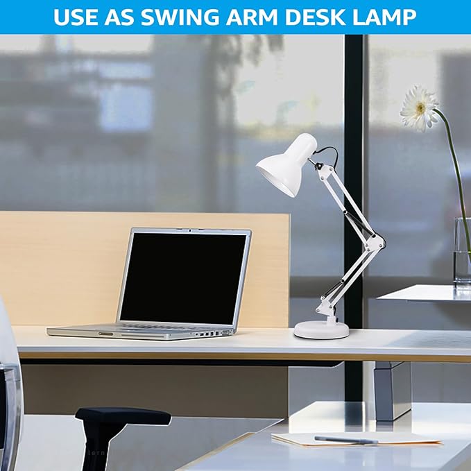TORCHSTAR Metal Desk Lamp with Clamp, Swing Arm, Architect Adjustable Gooseneck Table Lamp, Clip Desk Lights for Home Office, Work, Study, Reading, E26 Base, Multi-Joint, White