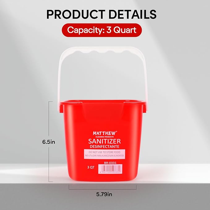 Matthew Detergent&Sanitizing Cleaning Bucket 3 Quart Plastic Pail,Set of 12 Square Containers,Built-in Spout w/Handle,Wash Rinse Sanitize Handwash Bucket for Home Office Commercial Restaurant (Red)