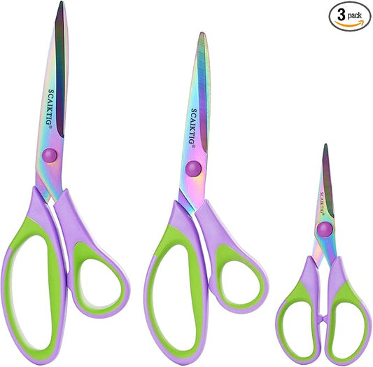Scissors All Purpose, Sharp Titanium Blades Shears, Rubber Soft Grip Handle, Multipurpose scissors 3 pack, Great for Office, Fabric, Craft, Sewing, Arts, School and Home Supplies, Green