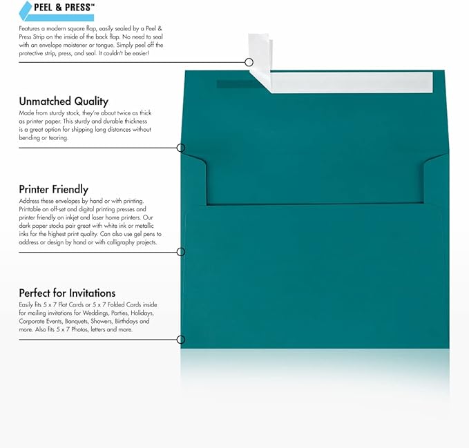 LUXPaper A7 Invitation Envelopes | Peel & Press | 5 1/4" x 7 1/4" | Teal | 80lb. Text | 1,000 Qty