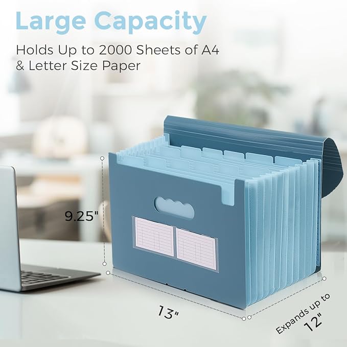 SKYDUE Accordion File Organizer, 13 Pocket File Folder Organizer with Monthly & Blank Labels, Mist Blue Document Organizer with Solid Inner Pages, Letter A4 Size for Office School