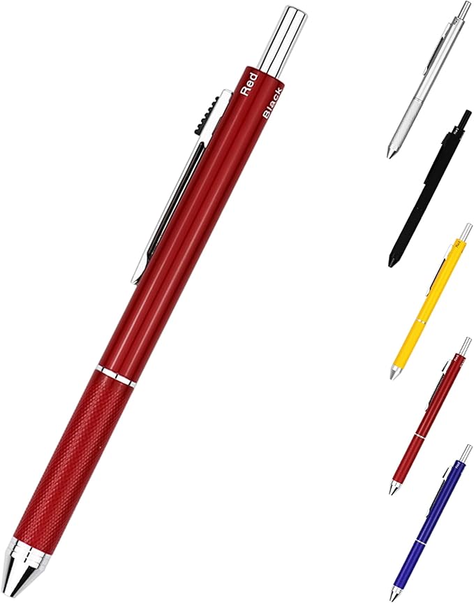 DUNBONG Metal Multifunction Pen, 4 in 1 Multicolor Pen, 0.5mm Mechanical Pencil, 1-Count (Red)