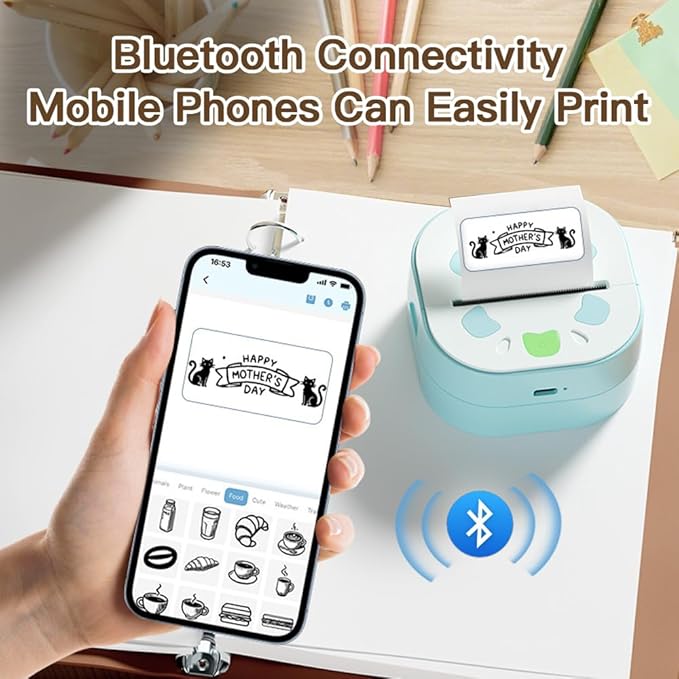 Portable Thermal Printer with 3 Rolls Stickers Paper, Mini Sticker Printer, Bluetooth Inkless Pocket Printers, Sticker Maker Print Pod for Notes, Journal, DIY, Kids Gift