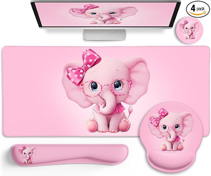Elephant Mouse Pad Desk Mat Set, Kawaii Gaming Ergonomic Mouse Pad with Wrist Support Wrist Rest for Computer Keyboard Cup Coaster, Cute Pink Elephant Office Supplies Desk Decor Accessories